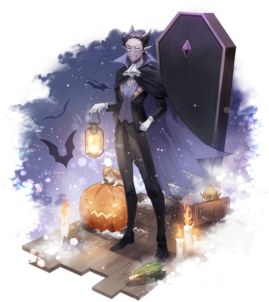 Anime picture 1889x2114 with kyuuketsuki sugu shinu madhouse draluc (kyuuketsuki sugu shinu) john (kyuuketsuki sugu shinu) 3y sam single tall image looking at viewer highres short hair black hair smile standing holding full body pointy ears grin halloween vampire boy