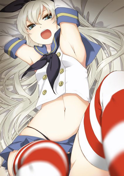 Anime picture 1000x1420 with kantai collection shimakaze destroyer chito04 single long hair tall image looking at viewer fringe open mouth blue eyes light erotic blonde hair lying pleated skirt arms up teeth armpit (armpits) midriff on back girl