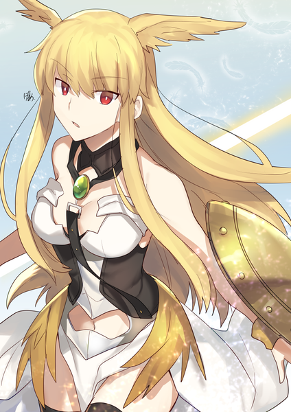 Anime picture 868x1228 with fate (series) fate/grand order valkyrie (fate/grand order) thrud (fate/grand order) nikame single long hair tall image looking at viewer fringe breasts open mouth light erotic blonde hair simple background hair between eyes red eyes standing bare shoulders signed