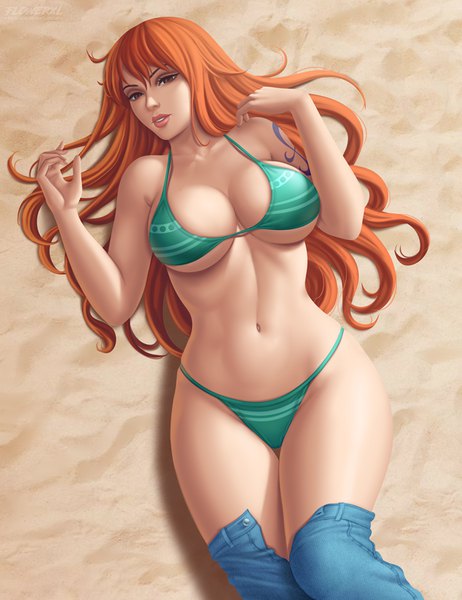 Anime picture 694x900 with one piece toei animation nami (one piece) flowerxl single long hair tall image looking at viewer fringe breasts light erotic hair between eyes large breasts brown eyes signed cleavage lying parted lips from above lips