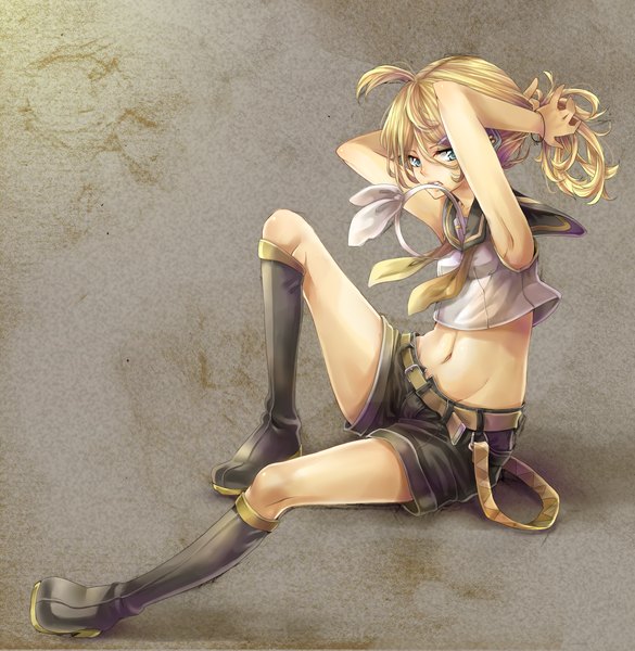 Anime picture 1435x1471 with vocaloid kagamine rin rojiko single tall image blue eyes blonde hair ponytail grey background girl thighhighs navel shorts boots hairband headphones