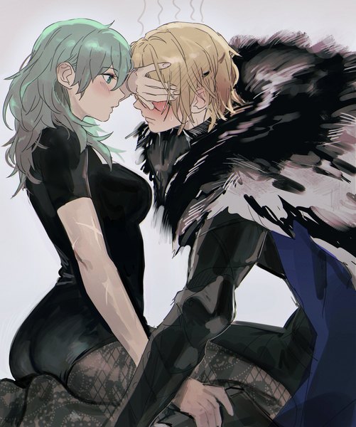 Anime picture 1652x1979 with fire emblem fire emblem: three houses nintendo byleth (fire emblem) dimitri alexandre blaiddyd byleth (female) (fire emblem) enlightened byleth (female) fayeiiro long hair tall image blush fringe short hair breasts light erotic simple background blonde hair hair between eyes green eyes profile
