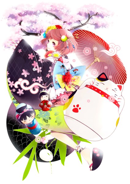 Anime picture 1000x1412 with original sakura hime hakusai (tiahszld) single tall image short hair purple eyes pink hair traditional clothes looking back cherry blossoms girl flower (flowers) umbrella obi