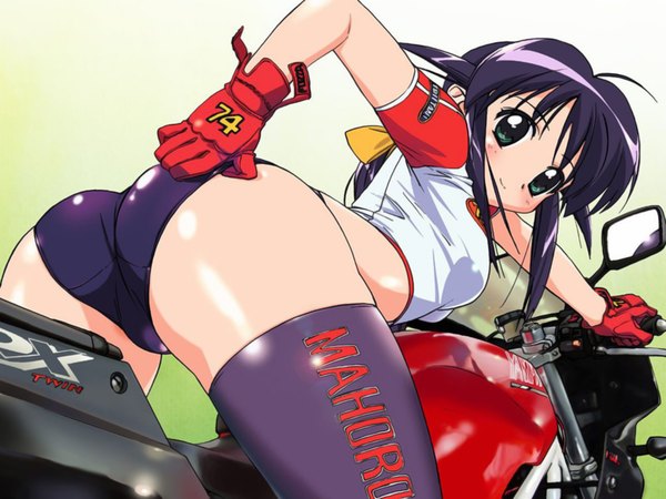 Anime picture 1600x1200 with mahoromatic andou mahoro takamura kazuhiro single long hair looking at viewer blush light erotic black hair smile ahoge ass looking back aqua eyes wallpaper arched back bent over girl thighhighs gloves