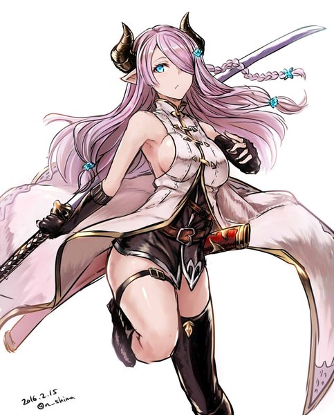 Anime picture 805x1000 with granblue fantasy narmaya (granblue fantasy) nabeshima tetsuhiro single tall image looking at viewer fringe breasts blue eyes light erotic simple background large breasts white background holding signed pink hair bent knee (knees) braid (braids) one eye closed horn (horns)