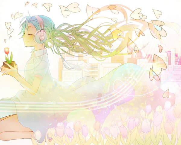 Anime picture 2000x1600 with vocaloid hatsune miku keishi single long hair highres smile sitting eyes closed profile multicolored hair green hair wind aqua hair girl dress flower (flowers) heart headphones building (buildings)