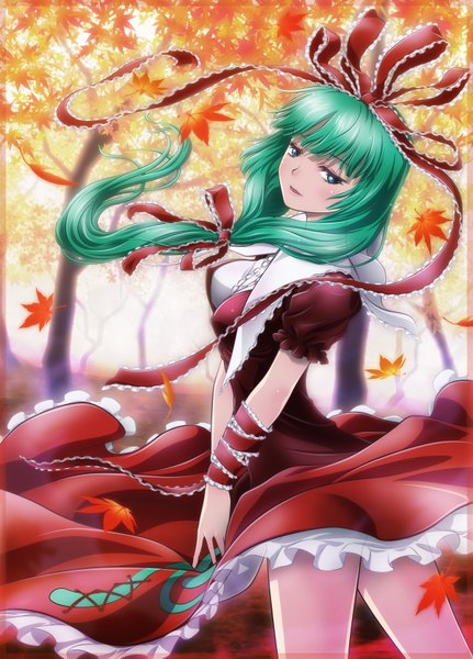 Anime picture 1200x1670 with touhou kagiyama hina ah-negitorow single long hair tall image open mouth looking away aqua eyes green hair wind autumn girl dress bow hair bow leaf (leaves) red dress autumn leaves