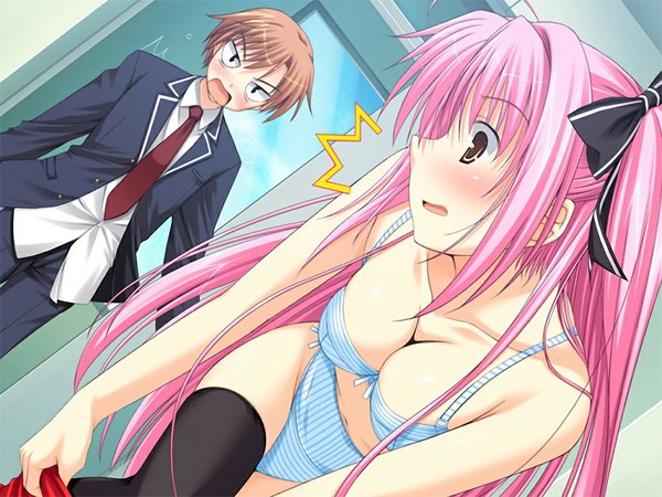 イラスト 1024x768 と maikuro (game) 赤面 light erotic 茶色の髪 茶目 ピンク髪 game cg 女の子 男性 下着 パンティー