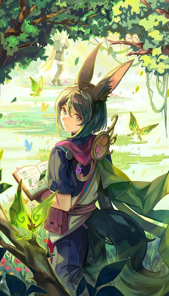 Anime picture 800x1400 with genshin impact crystalfly (genshin impact) tighnari (genshin impact) collei (genshin impact) brot tall image looking at viewer fringe short hair black hair hair between eyes green eyes animal ears outdoors tail animal tail looking back multicolored hair light smile streaked hair