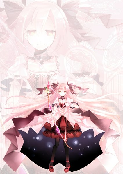 Anime picture 1024x1451 with mahou shoujo madoka magica shaft (studio) kriemhild gretchen tagme (artist) long hair tall image smile twintails yellow eyes pink hair zoom layer girl dress gloves bow weapon hair bow bow (weapon)