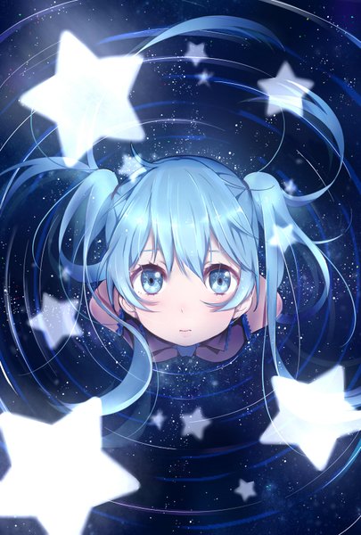Anime picture 1181x1748 with vocaloid hatsune miku fuu (07199382) single long hair tall image looking at viewer blush fringe blue eyes twintails bare shoulders blue hair from above space constellation girl star (symbol) star (stars)