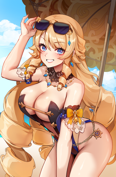 Anime picture 3800x5800 with genshin impact navia (genshin impact) foxyrain single long hair tall image looking at viewer fringe highres breasts blue eyes light erotic blonde hair smile hair between eyes large breasts standing absurdres sky cloud (clouds)