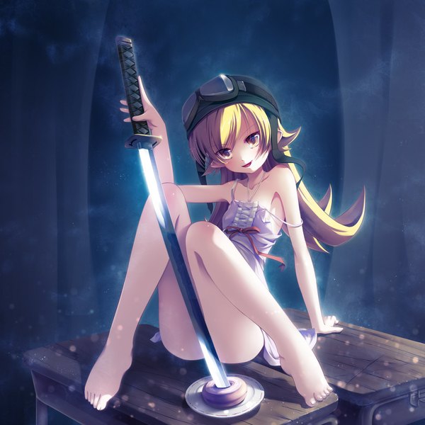 Anime picture 1000x1000 with bakemonogatari shaft (studio) monogatari (series) oshino shinobu aruciii single long hair open mouth blonde hair yellow eyes barefoot loli legs convenient censoring between legs girl weapon sword food katana