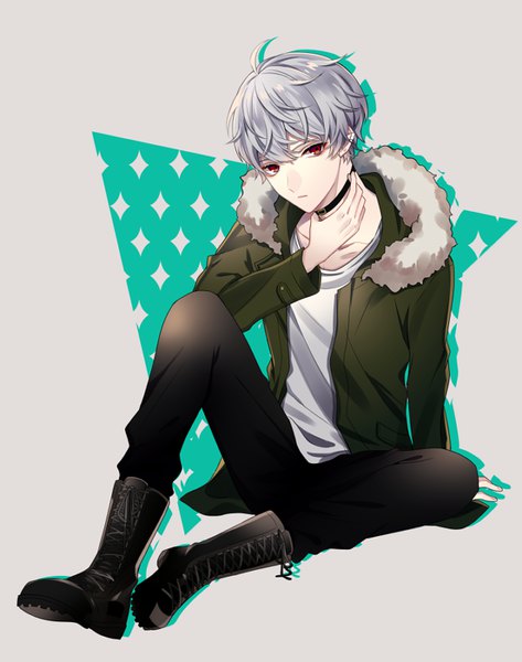 Anime picture 631x800 with original umeno shii single tall image short hair red eyes sitting silver hair full body ahoge grey background arm support open jacket fur trim arm around neck boy choker jacket boots fur