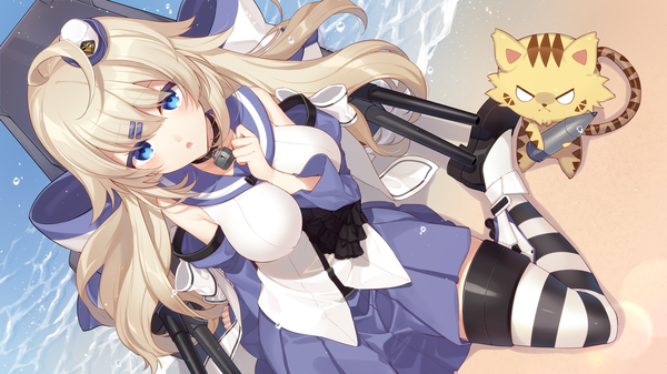 Anime picture 5000x2813 with warship girls r steelblue mirage kent (warship girls r) citron 82 single long hair looking at viewer blush fringe highres breasts open mouth blue eyes blonde hair hair between eyes wide image large breasts sitting absurdres ahoge