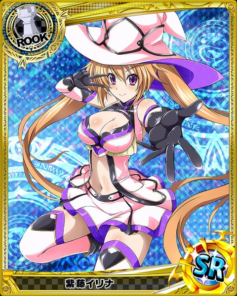 Anime picture 640x800 with highschool dxd shidou irina single tall image looking at viewer blush breasts light erotic smile brown hair purple eyes twintails cleavage very long hair card (medium) witch girl thighhighs gloves navel