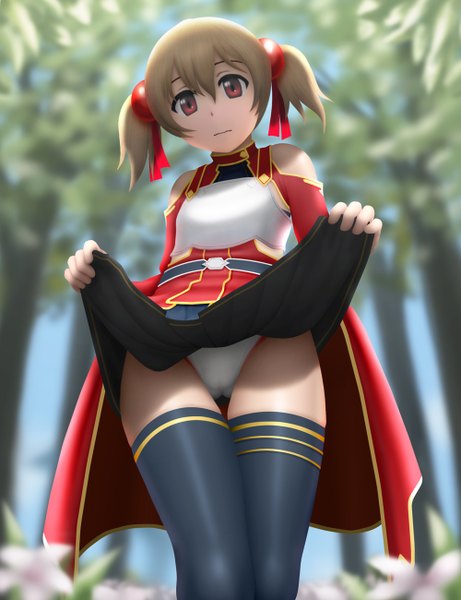 Anime picture 1000x1300 with sword art online a-1 pictures silica siraha tall image short hair light erotic red eyes brown hair twintails short twintails skirt lift girl thighhighs underwear panties flower (flowers) black thighhighs