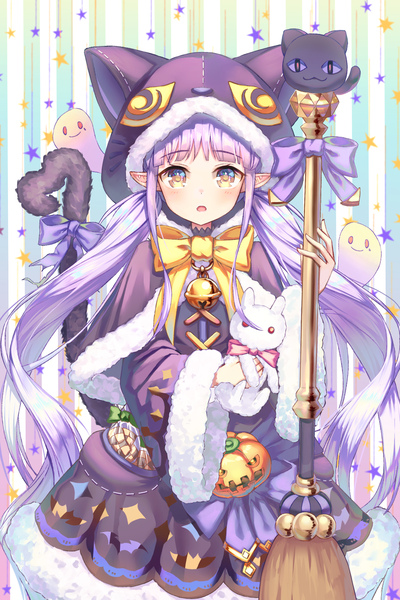 Anime picture 1000x1500 with princess connect! re:dive princess connect! kyouka (princess connect!) ruda (ruda e) single tall image looking at viewer twintails yellow eyes purple hair tail very long hair animal tail pointy ears :o cat tail low twintails bell collar animal hood tail ribbon