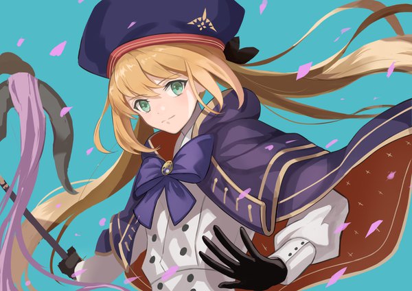 Anime picture 1228x868 with fate (series) fate/grand order artoria pendragon (all) artoria caster (fate) touchika single long hair looking at viewer fringe blonde hair hair between eyes twintails green eyes upper body aqua hair girl gloves hat black gloves