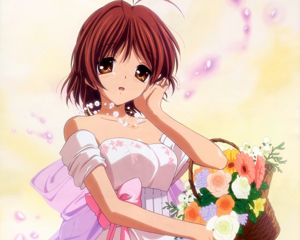 Anime picture 2560x2048 with clannad key (studio) furukawa nagisa single looking at viewer fringe highres short hair open mouth brown hair bare shoulders brown eyes girl dress flower (flowers) bow white dress necklace beads large bow