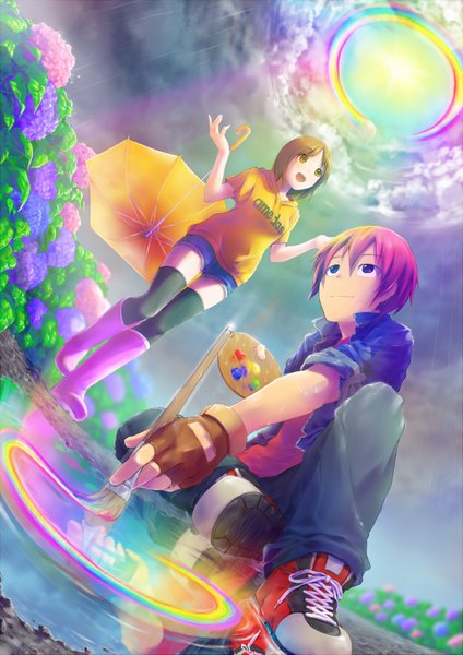 Anime picture 1127x1593 with original akama zenta tall image short hair open mouth smile brown hair sitting brown eyes sky cloud (clouds) red hair black eyes looking up rain girl thighhighs boy flower (flowers) black thighhighs