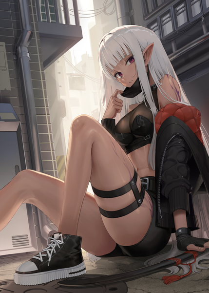 Anime-Bild 3000x4200 mit original goback single long hair tall image looking at viewer fringe highres breasts light erotic red eyes large breasts sitting payot bent knee (knees) outdoors white hair blunt bangs parted lips pointy ears