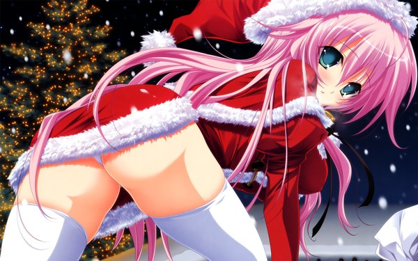 Anime picture 1920x1200 with senomoto hisashi blush highres light erotic wide image pink hair ass christmas thighhighs underwear panties