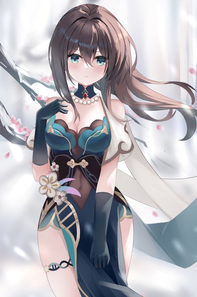 Anime picture 2395x3598 with honkai: star rail honkai (series) ruan mei (honkai: star rail) wuti (qq1432872407) single long hair tall image looking at viewer blush fringe highres breasts light erotic hair between eyes brown hair large breasts standing bare shoulders cleavage outdoors