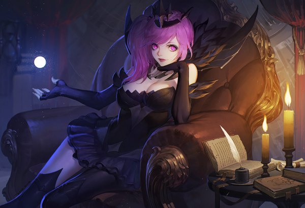 Anime picture 2534x1737 with league of legends lux (league of legends) daye bie qia lian single long hair looking at viewer fringe highres breasts light erotic smile large breasts sitting bare shoulders signed pink hair cleavage pink eyes depth of field lipstick