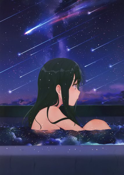 Anime picture 2099x2951 with original achiki single long hair tall image blush fringe highres breasts light erotic black hair purple eyes payot looking away cloud (clouds) upper body profile nude scan night