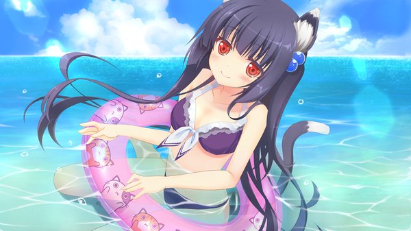 Anime picture 1024x576 with neko masshigura single long hair looking at viewer blush light erotic black hair smile red eyes wide image animal ears game cg tail animal tail cat ears cat girl cat tail girl swimsuit bikini