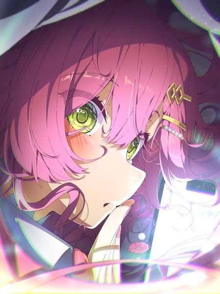 Anime picture 2975x3975 with virtual youtuber hololive sakura miko ama rei single tall image looking at viewer fringe highres hair between eyes green eyes pink hair nail polish close-up anaglyph hand to mouth pink nail polish girl hairclip mobile phone