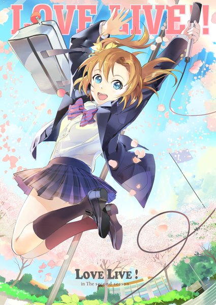 Anime picture 850x1200 with love live! school idol project sunrise (studio) love live! kousaka honoka 119 single long hair tall image looking at viewer open mouth blue eyes orange hair inscription one side up cherry blossoms jumping fisheye girl skirt uniform