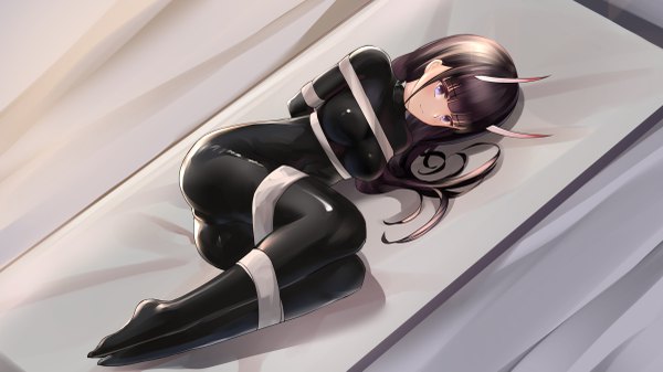 Anime picture 4800x2700 with azur lane noshiro (azur lane) zhadanzhawugui single long hair looking at viewer blush fringe highres breasts light erotic black hair wide image large breasts purple eyes payot absurdres full body bent knee (knees) ass