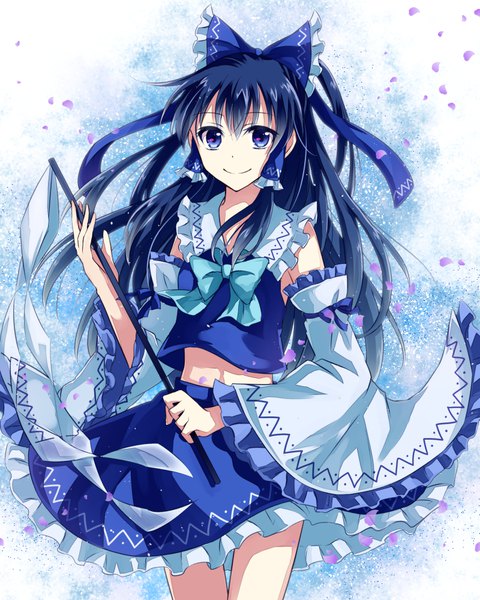 Anime picture 800x1000 with touhou hakurei reimu tm-pika single long hair tall image looking at viewer fringe black hair smile hair between eyes purple eyes ponytail bare belly alternate color girl skirt detached sleeves petals skirt set