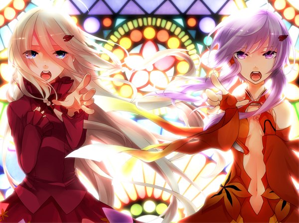 Anime picture 1500x1121 with guilty crown production i.g yuzuriha inori koyubi long hair open mouth blue eyes red eyes purple eyes multiple girls pink hair white hair dual persona center opening girl dress navel hair ornament 2 girls detached sleeves