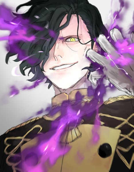 Anime picture 700x900 with fire emblem fire emblem: three houses nintendo hubert von vestra 91007 single tall image looking at viewer fringe short hair black hair smile yellow eyes upper body hair over one eye grey background grin magic boy gloves