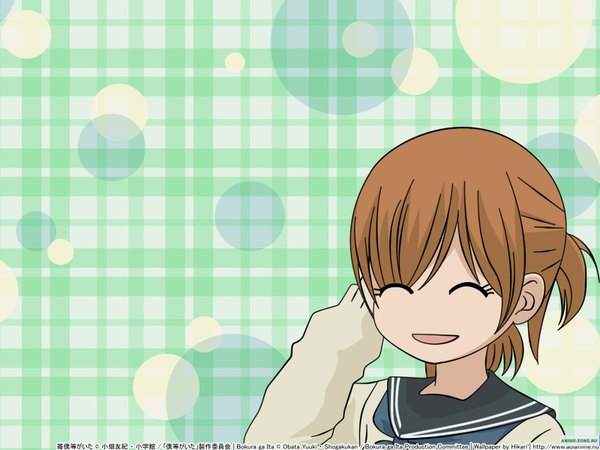 Anime picture 1600x1200 with bokura ga ita motoharu yano nanami takahashi short hair open mouth smile brown hair eyes closed hand on head uniform school uniform