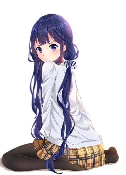 Anime picture 1400x1950 with masamune-kun no revenge silver link adagaki aki hinamaru single long hair tall image looking at viewer blush blue eyes simple background white background sitting twintails blue hair embarrassed low twintails wariza plaid skirt girl