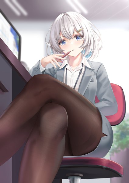 Anime picture 2479x3507 with original arikawa rui single tall image looking at viewer blush fringe highres short hair blue eyes light erotic hair between eyes sitting holding silver hair indoors long sleeves parted lips blurry depth of field