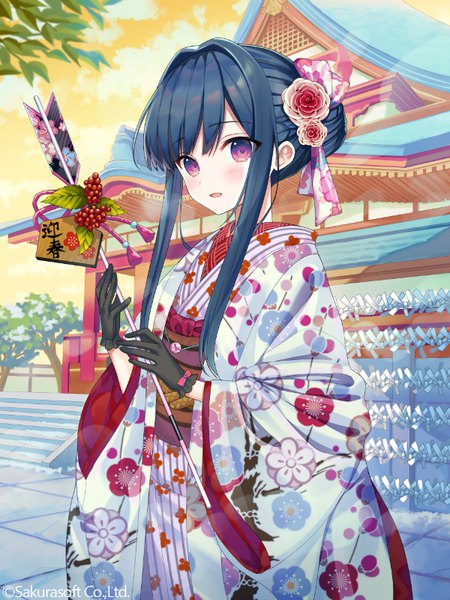 Anime picture 600x800 with original yuuki rika single long hair tall image looking at viewer blush black hair purple eyes holding payot outdoors traditional clothes japanese clothes hair bun (hair buns) floral print new year girl gloves hair ornament