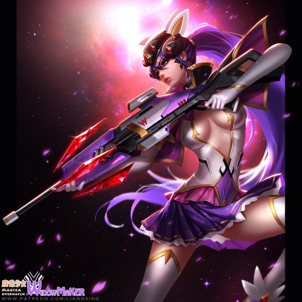 Anime picture 4000x4000 with overwatch blizzard entertainment widowmaker (overwatch) liang xing single long hair fringe highres breasts light erotic hair between eyes standing brown eyes signed looking away absurdres cleavage purple hair bent knee (knees) ponytail
