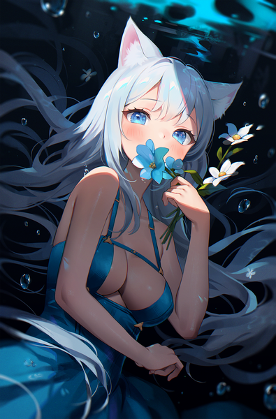 Anime picture 1250x1900 with original nami (nyaa) single long hair tall image looking at viewer blush fringe breasts blue eyes light erotic large breasts bare shoulders animal ears white hair cat ears sleeveless floating hair underwater covered mouth
