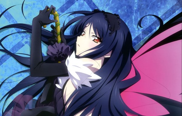 Anime picture 2826x1800 with accel world sunrise (studio) kuroyukihime tagme (artist) single long hair highres open mouth black hair brown eyes lying on side insect wings closed umbrella butterfly wings girl gloves wings black gloves elbow gloves