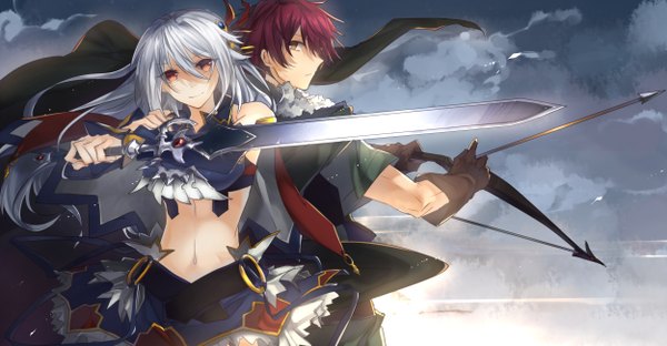 Anime picture 1250x650 with madan no ou to vanadis eleonora viltaria teigi long hair short hair wide image brown eyes sky cloud (clouds) white hair red hair midriff girl boy navel weapon sword bow (weapon)