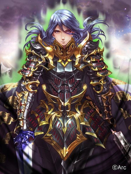 Anime picture 1440x1920 with bbbox (hotpppink) single long hair tall image looking at viewer standing purple eyes blue hair realistic glowing boy weapon sword armor spaulder (spaulders) vambraces breastplate