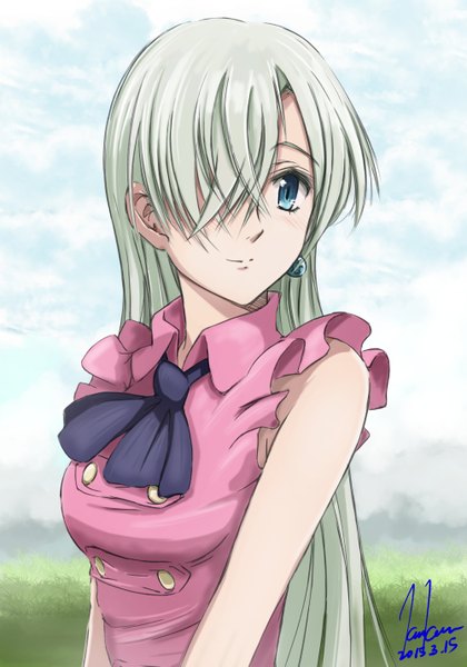 Anime picture 1000x1427 with nanatsu no taizai a-1 pictures elizabeth liones kem kem single long hair tall image fringe blue eyes signed looking away silver hair light smile hair over one eye sleeveless dated portrait girl earrings neckerchief