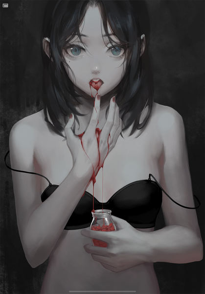Anime picture 1000x1432 with original gatorix single long hair tall image looking at viewer fringe breasts open mouth blue eyes light erotic black hair simple background holding nail polish mole teeth mole under eye underwear only black background
