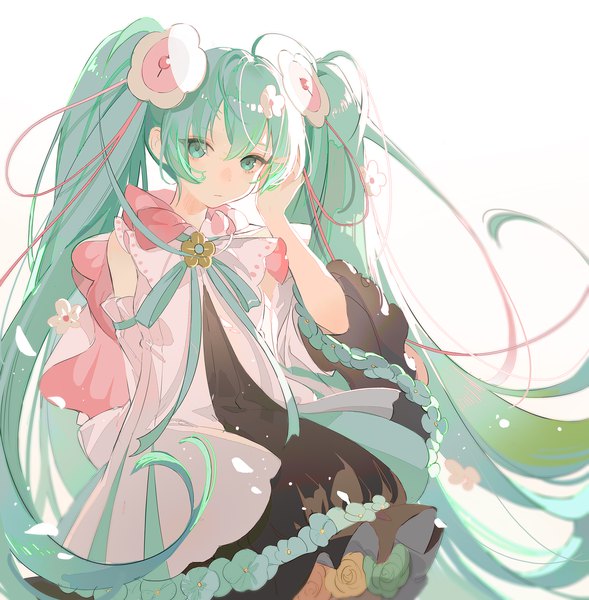 Anime picture 3446x3508 with vocaloid magical mirai (vocaloid) hatsune miku magical mirai miku magical mirai miku (2021) 7tkei single tall image looking at viewer fringe highres simple background hair between eyes white background twintails absurdres very long hair aqua eyes aqua hair girl