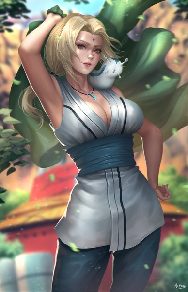 Anime picture 3300x5100 with naruto studio pierrot naruto (series) tsunade katsuyu (naruto) nopeys single long hair tall image looking at viewer highres breasts light erotic blonde hair large breasts standing holding brown eyes signed absurdres